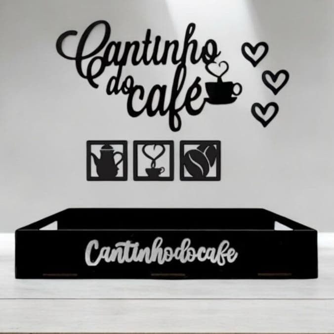 Kit Bandeja Lisa e Apliques Coração + Grãos Cantinho do Café em MDF Preto