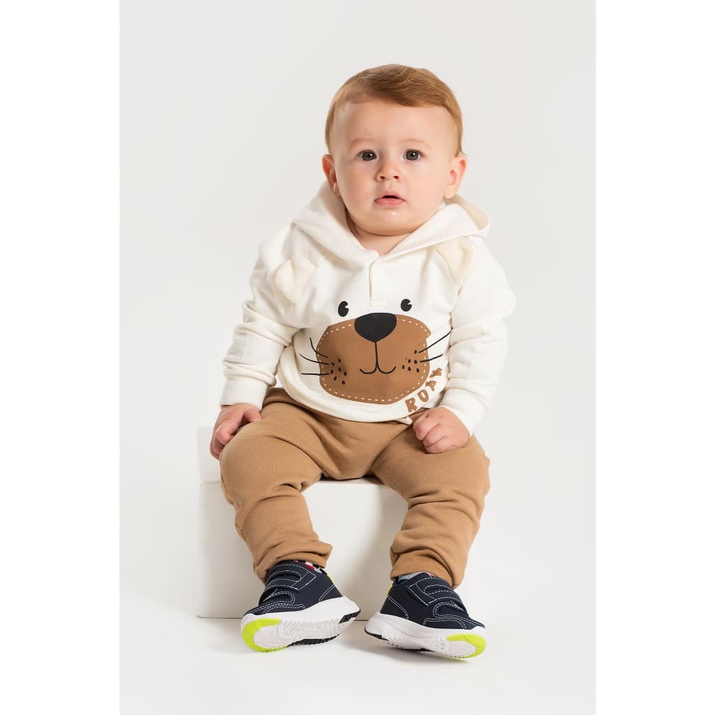 Conjunto Roupa Infantil Menino Moletom Peluciado Com capuz Off White