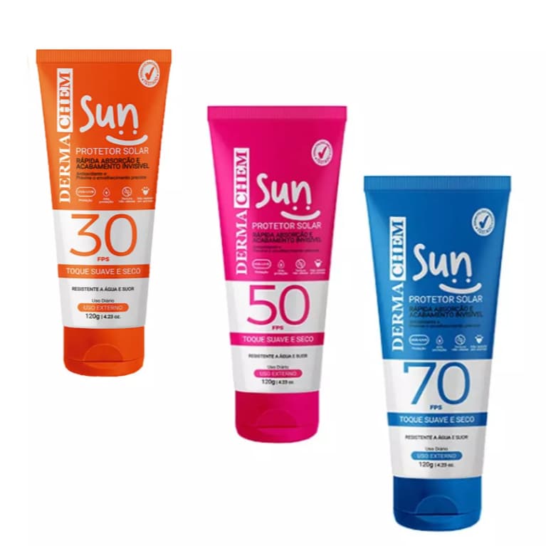 Dermachem Protetor Solar Sun Corporal FPS 30 50 70 e Protetor Solar Facial Rosto FPS 60