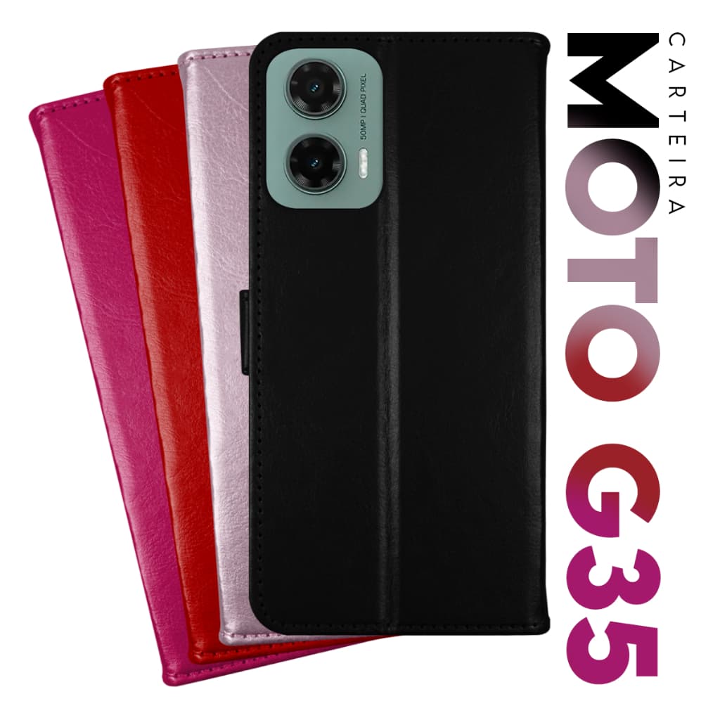 Capa Case Capinha Carteira Flip Cover Couro Sintético PRETA Para Motorola Moto G35 5g XT2433 tela 6.72  Cell in Power25