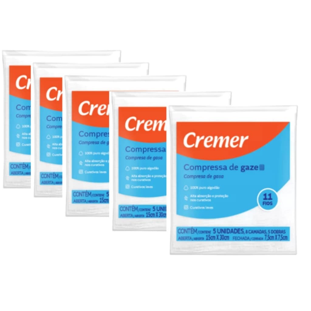 Kit Gaze Cremer 5 Pacotes de 5 unidades Compressa Gaze Cremer 11 Fios Hidrófila Não Estéril