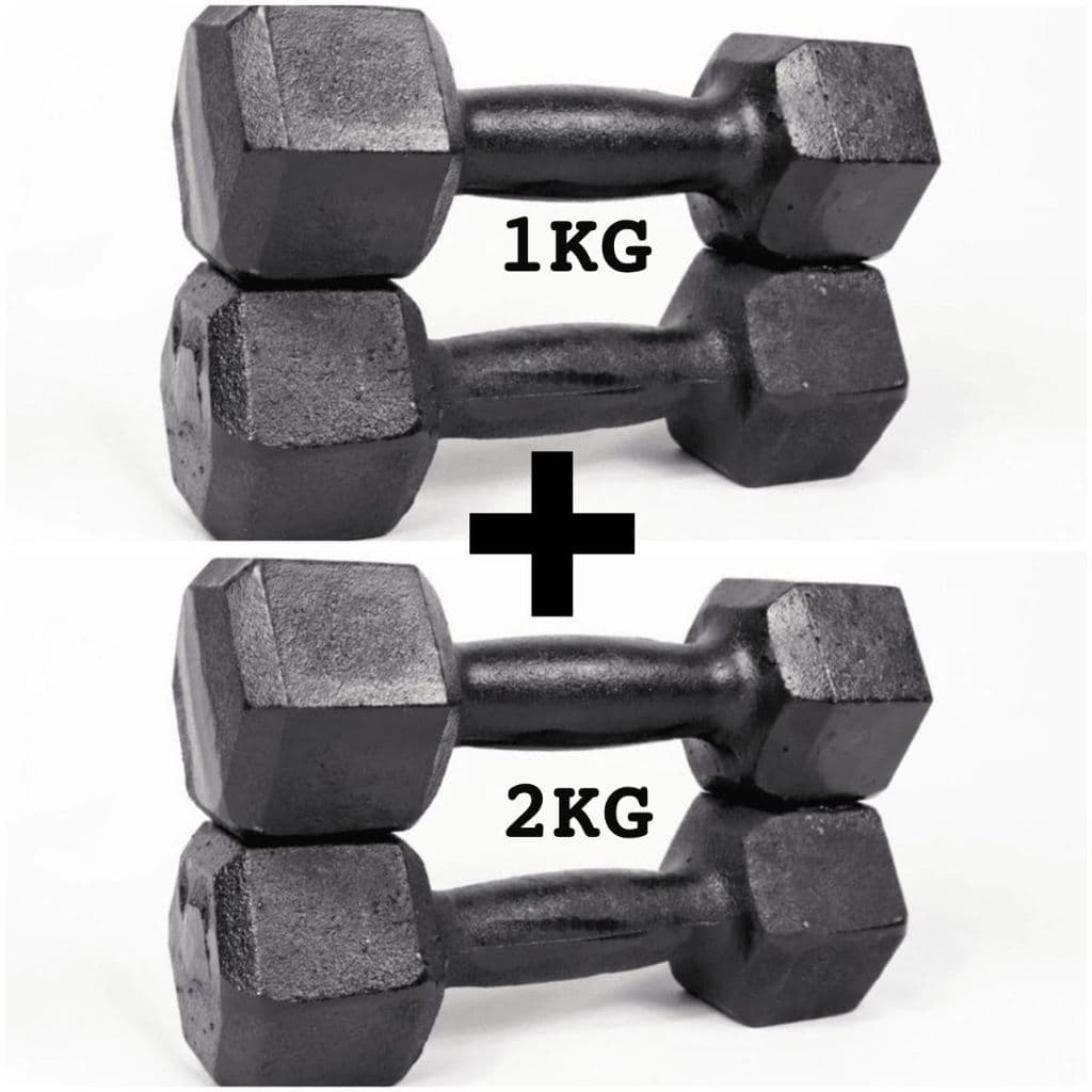 KIT 2 PARES HALTER SEXTAVADO DE 1 E 2KG FERRO FUNDIDO PARA TREINO E MUSCULAÇÃO (6KG TOTAL)