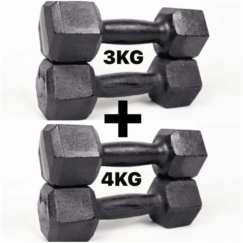 KIT 2 PARES HALTER SEXTAVADO DE 3 E 4KG FERRO FUNDIDO PARA TREINO E MUSCULAÇÃO (14KG TOTAL)