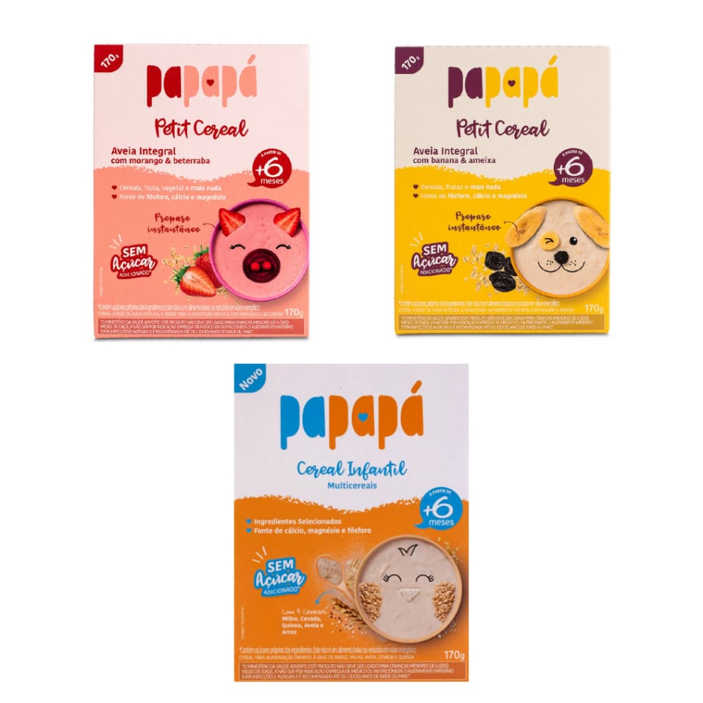 Kit 3 Cereal Infantil Papapá Banana Morango Multicereais Sem Açúcar 510g
