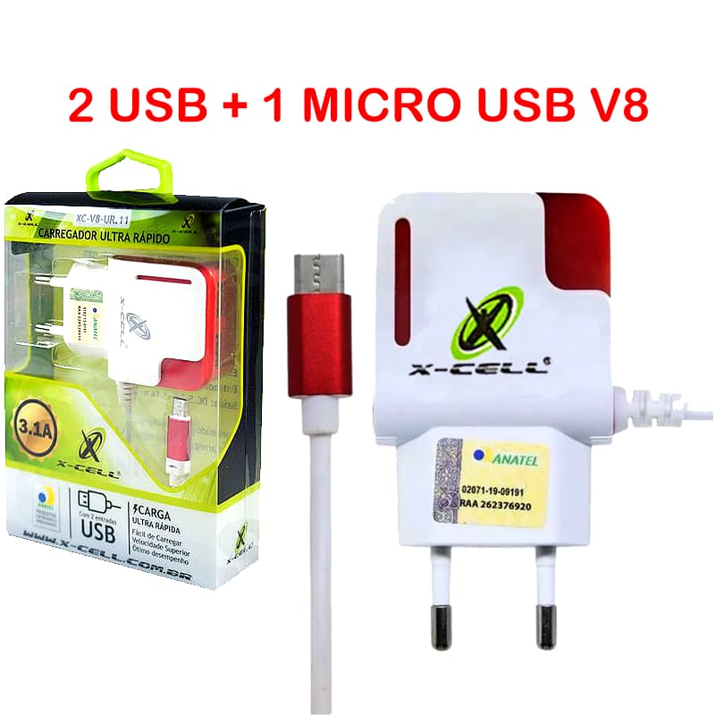 Carregador De Celular Ultra Rapido V8 Micro Usb C/ 2 Entradas Usb - X-Cell