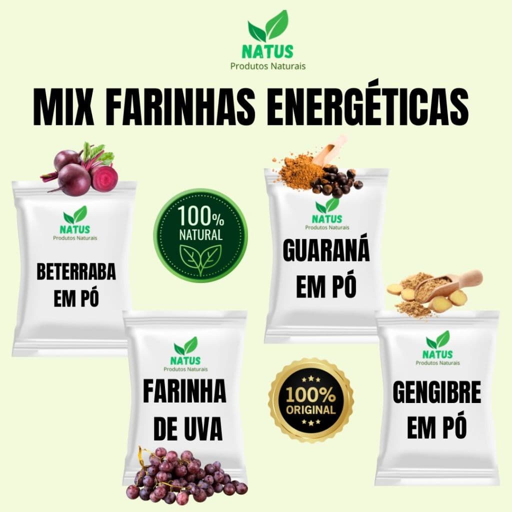 Mix Farinhas Enérgeticas -pré -treino - Guaraná em pó, gengibre em pó, farinha da semente de uva em pó, beterraba em pó.