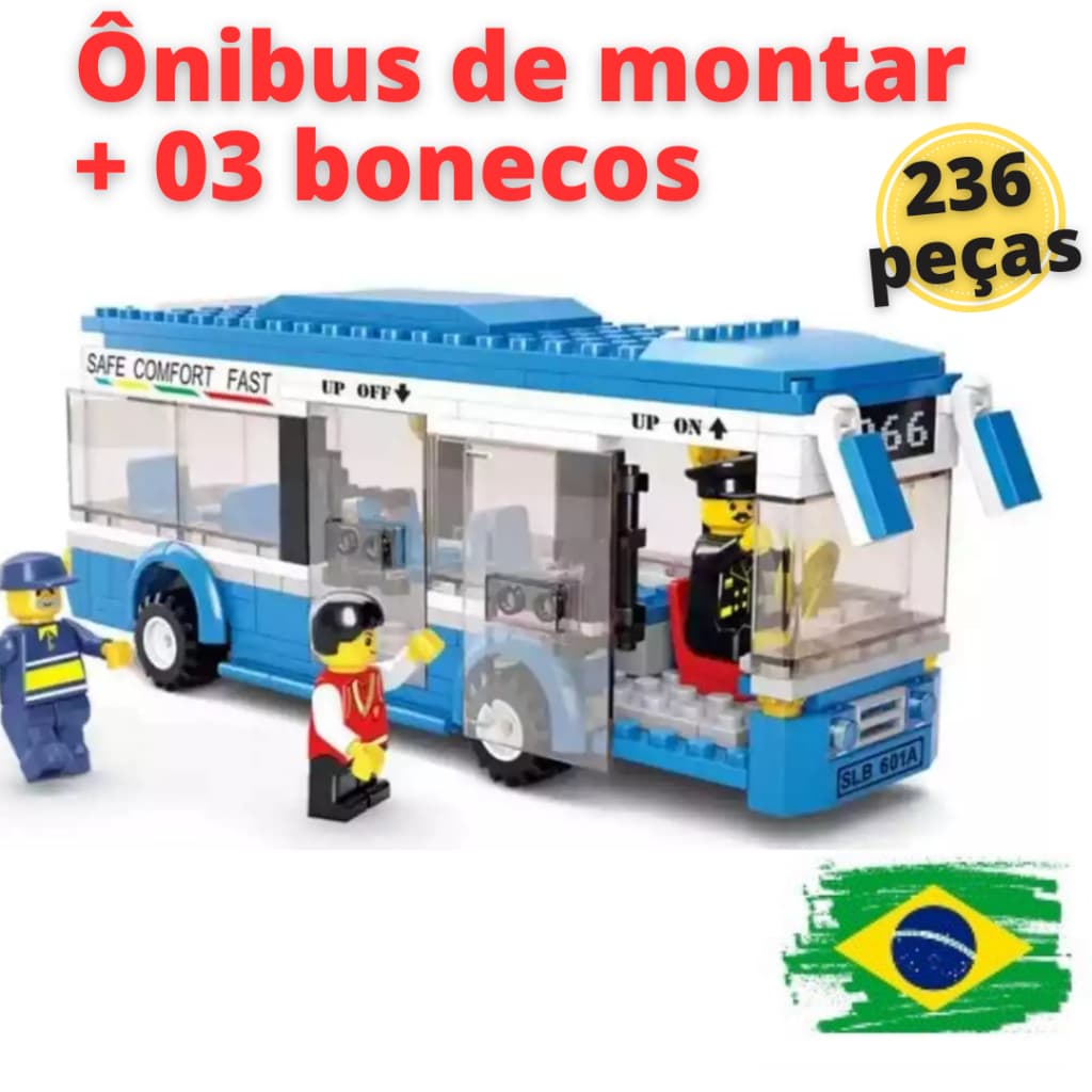 Blocos de montar ônibus compatível LEGO 235 peças com 3 bonecos brinquedo educativo de montar pronta entrega no Brasil