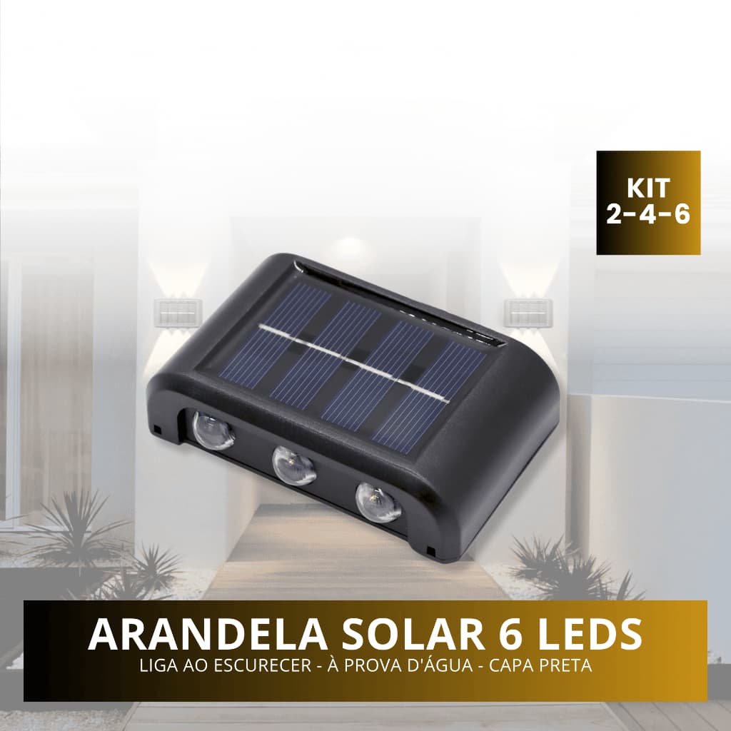 Kits Luminária Led Solar Arandela Parede Jardim 6s 6 Leds Luz Quente 3000k