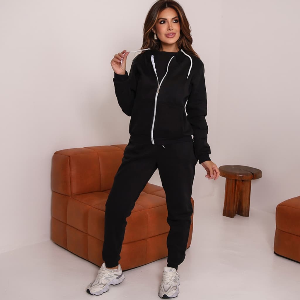 Conjunto  Moletom Inverno Feminino Moletom com Capuz e Ziper e Calça