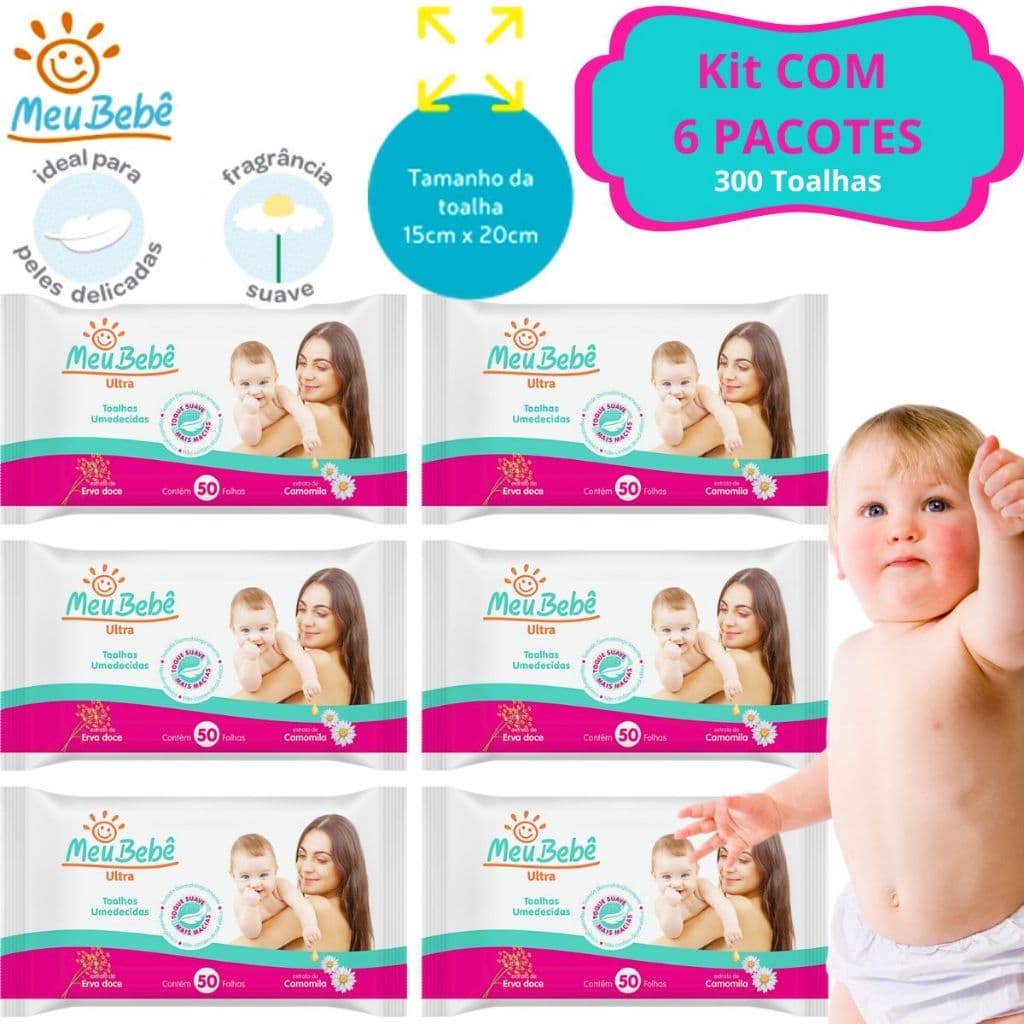 kit 6 Pacotes Lenços Umedecidos Meu Bebê Ultra Lencinho Higiênico Premium  (300 Folhas)