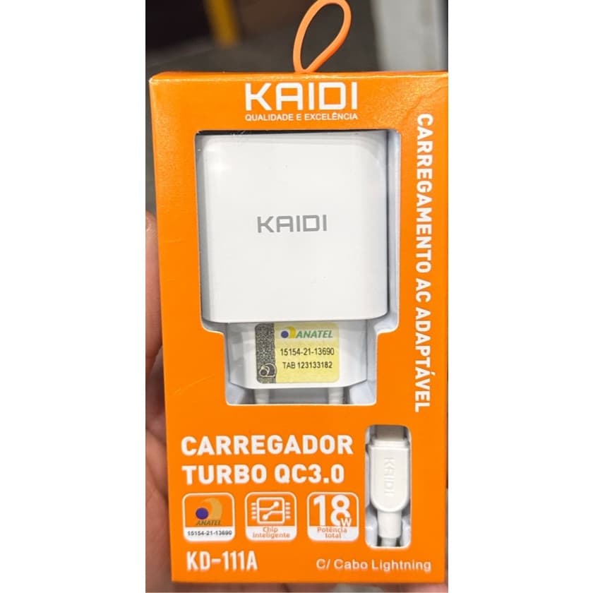 Carregador IPhone Turbo Rápido QC 3.0 Kaidi Fonte cabo Lightning KD-111A