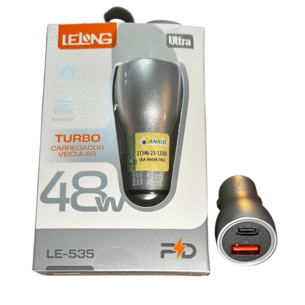 CARREGADOR VEICULAR 48W LELONG LE-531 2 PORTAS (USB/TIPO C) COM ANATEL