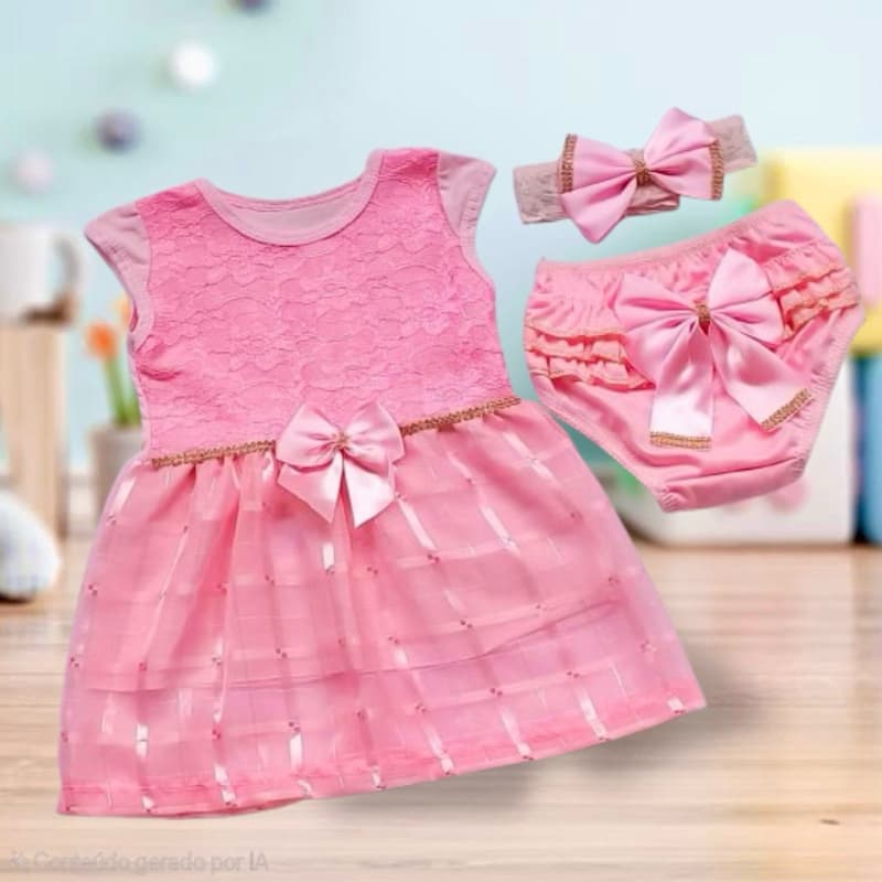 kit 3 peças luxo vestido+ bunda rica + faixa de renda batizado, maternidade roupas de bebê presente chá de bebê enxoval