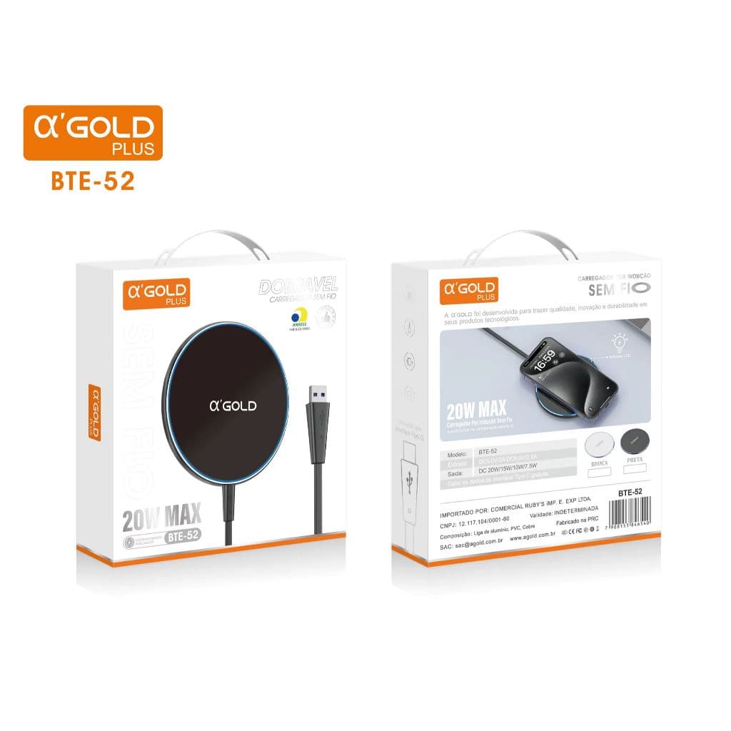 Carregador Sem Fio Indução Magnético 20w Turbo Ultra Rápido A'gold BTE-52