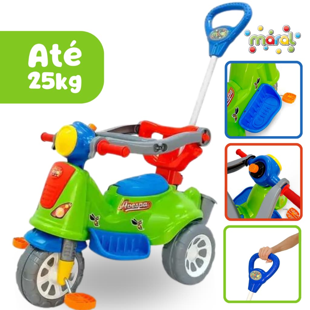 Triciclo Infantil Avespa Extreme Colorido Proteção Lateral E Haste Brinquedo Menino Menina Carrinho