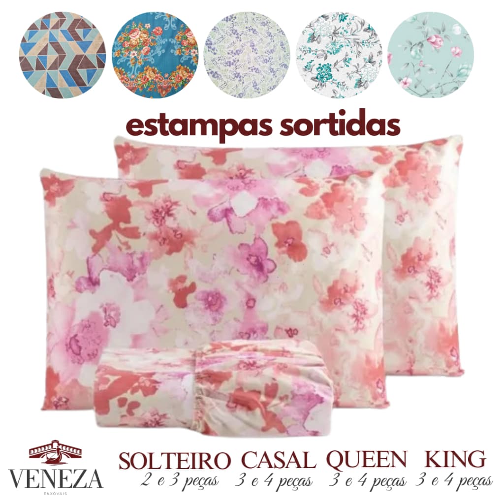 Kit Jogo de Lençol Microfibra Estampado Cama Solteiro / Casal / Queen / King - Escolha seu Kit