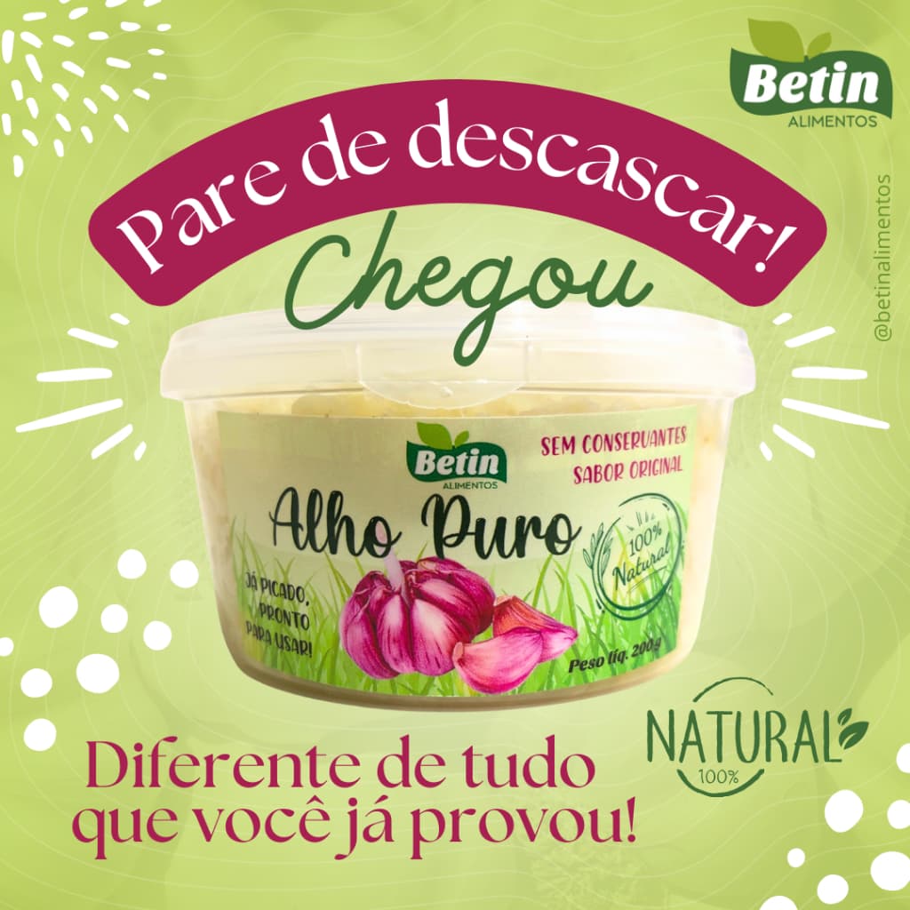 250g 500g e 1kg do Alho Puro Betin. Alho Gourmet triturado e sem sal! Não é pasta, é alho in natura