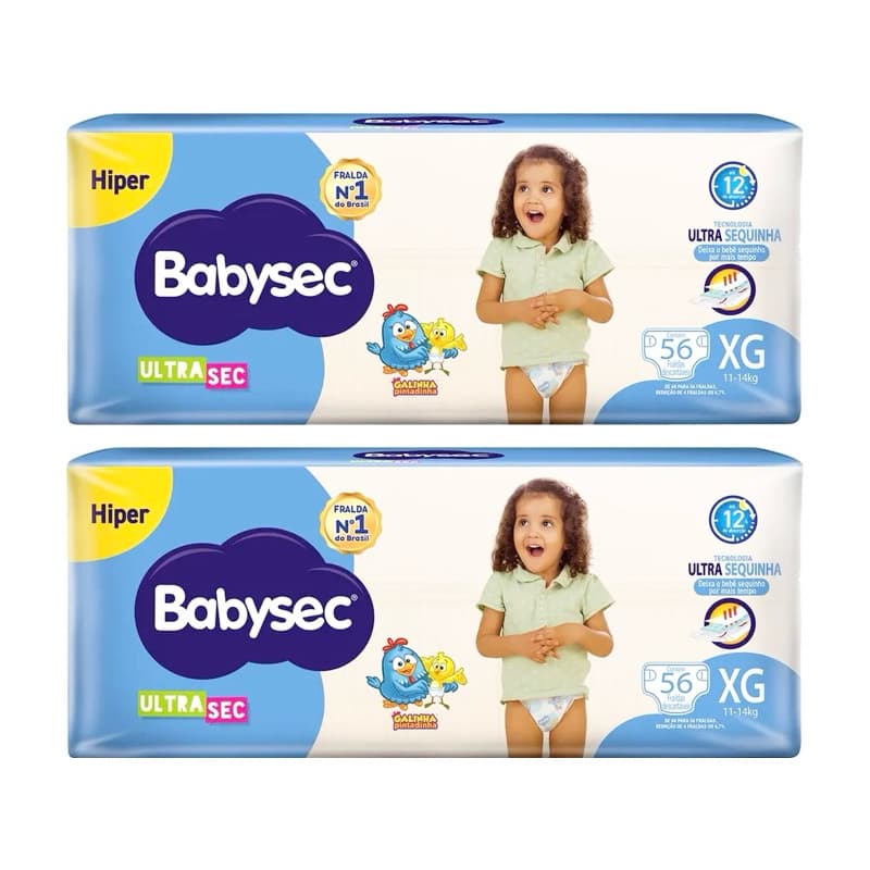 Kit 2ptes Fralda Babysec Galinha Pintadinha Ultrasec Hiper XG 56un cada AB.2
