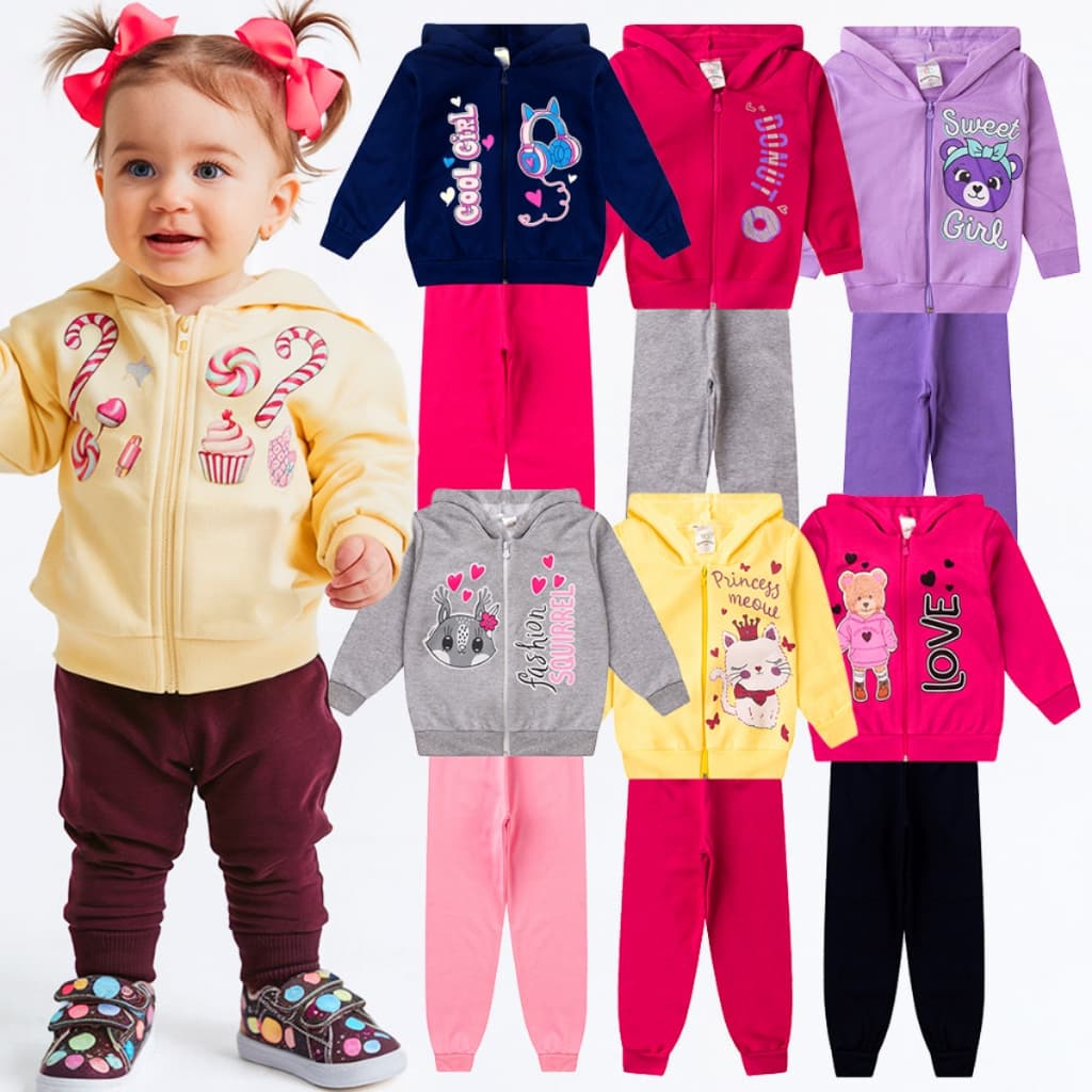 Kit 4 Peças Conjunto Moletom Infantil Menina Feminino Inverno Com Capuz e Zíper