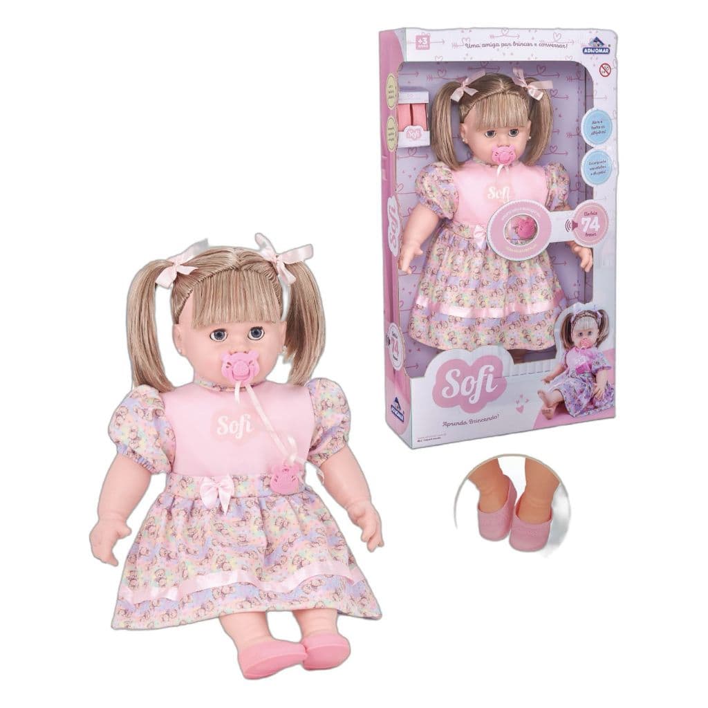 Brinquedo Boneca Bebê Sofi Fala 74 Frases Abre Fecha os Olhos com Chupeta e Sapatinhos Princesa Menina - Adijomar