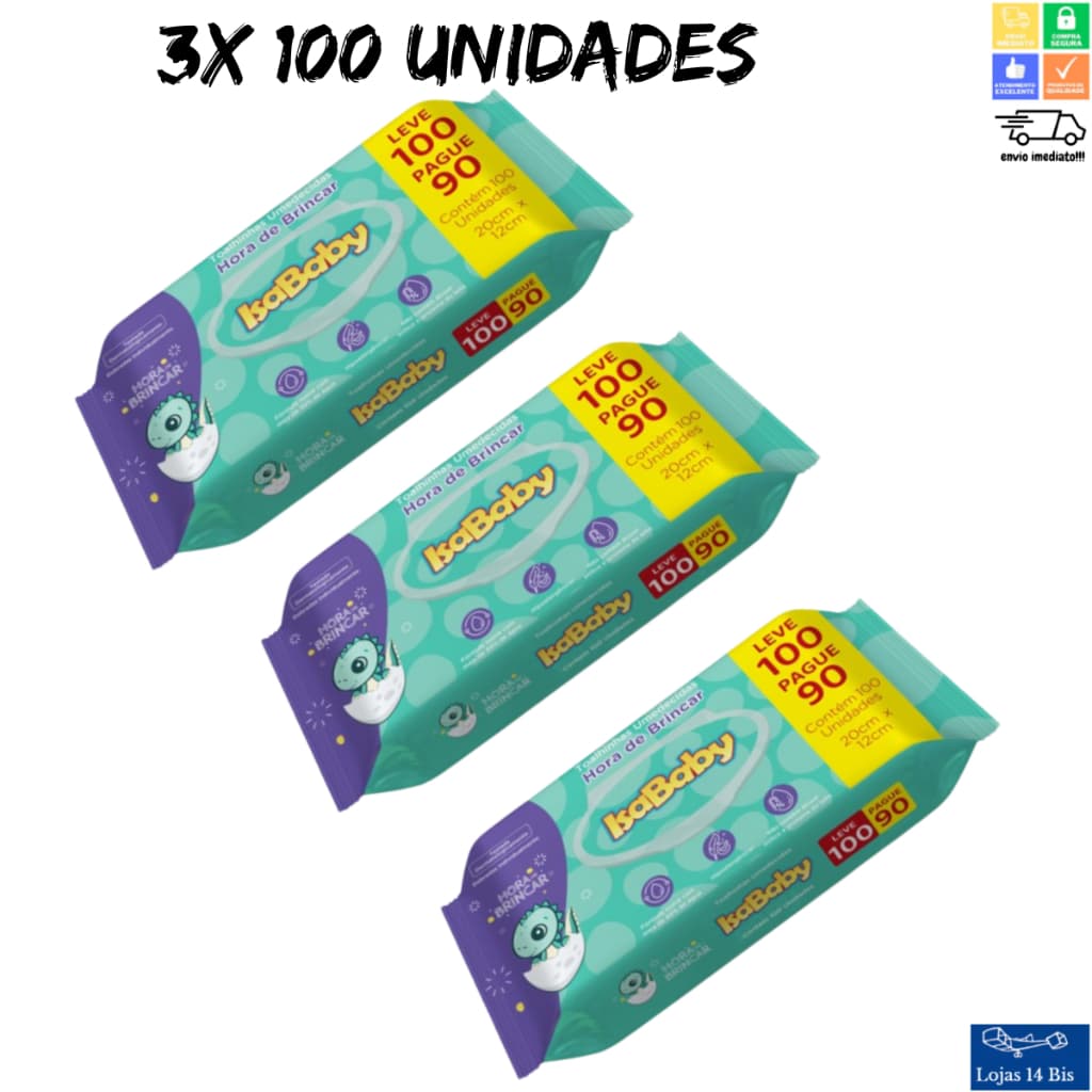 3 Toalhas Lenços Umedecidos Isababy Infantil Hora de Brincar Tampa Flip Top Com 100 Unidades