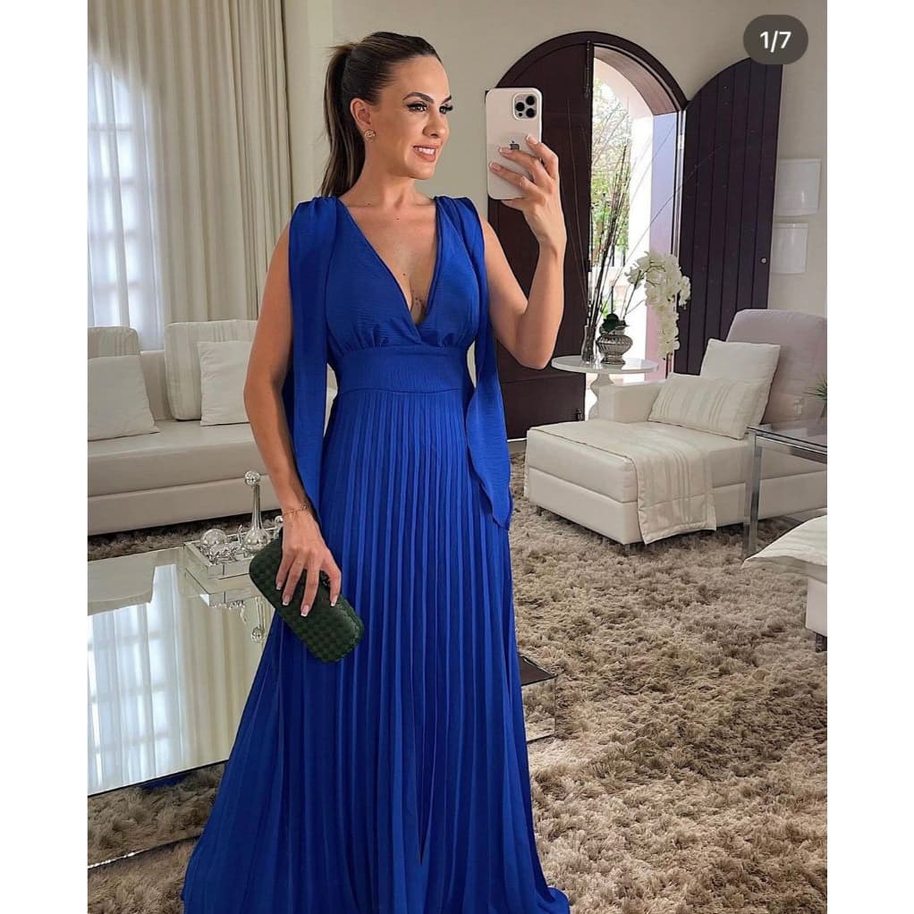 Vestido Longo femenino Plissado Decote V Manga Capa Chic Madrinha/Evento casamento