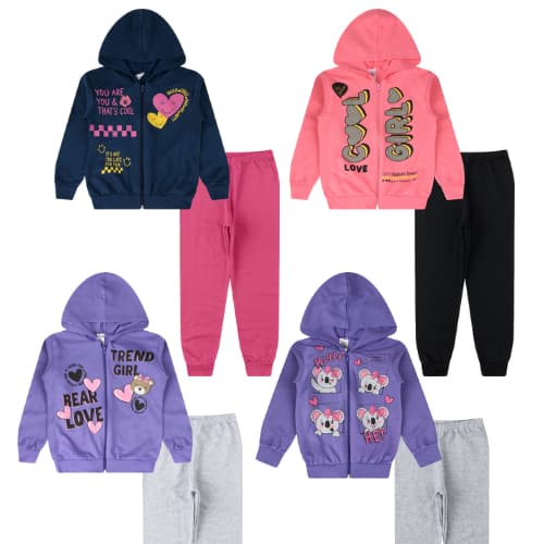 Conjunto de Moletom Jaqueta Zíper + Calça Flanelada 2 Peças Menina Outono Inverno 1 a 16 anos