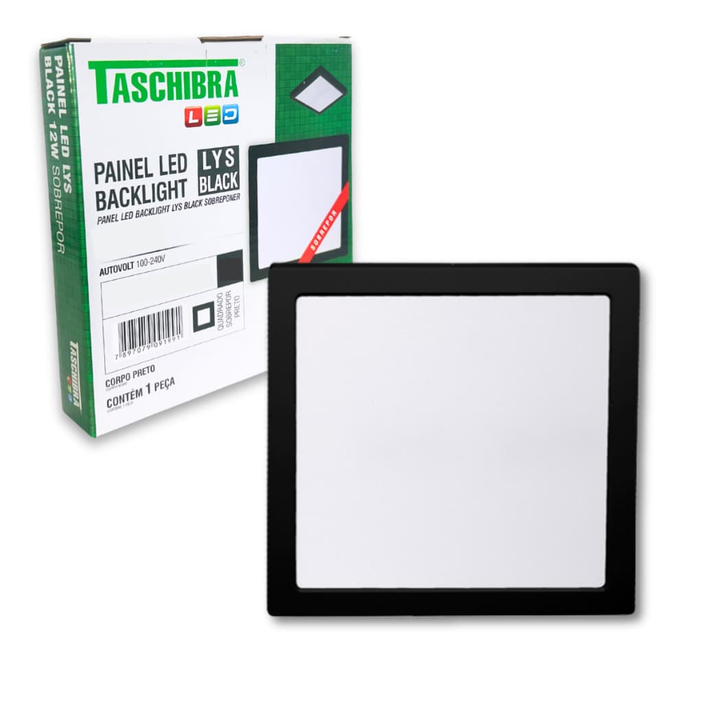 Painel Led 18W Preto Luminária Teto Led Preto Quadrado Sobrepor 6500K 4000K 3000K Bivolt  Taschibra