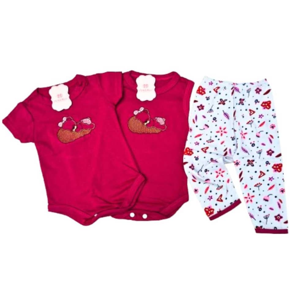 Kit 3 Peças com 2 Body e 1 Mijão Conjunto Bebê Menina Roupa de Bebe