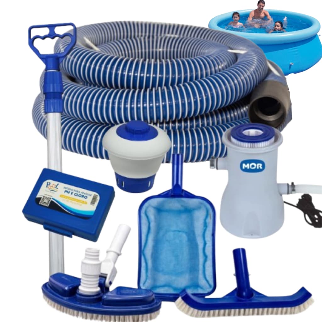Kit  Limpeza Piscina Plástica Inflável Estrutural Completo Com Cabo Mangueira Aspirador Bomba e Filtro Alta Qualidade