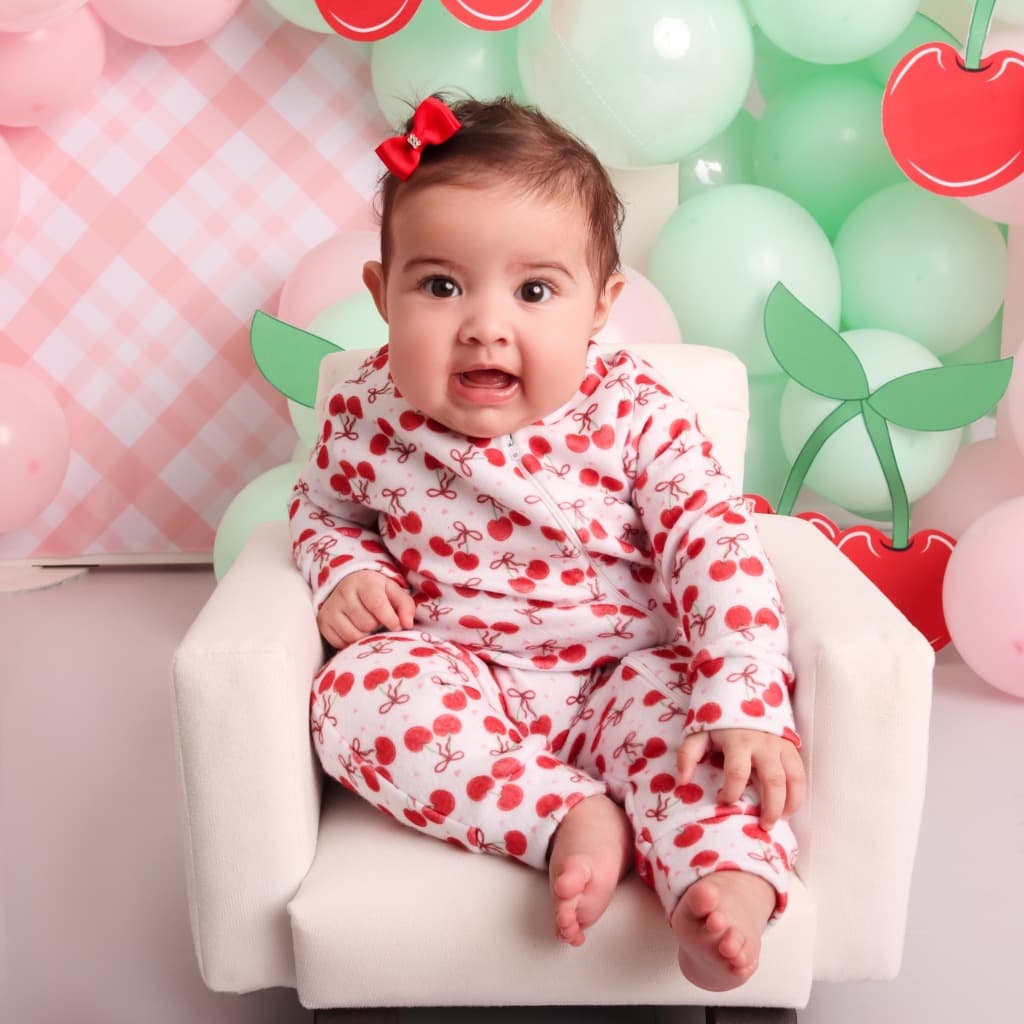 Macacão Zíper Bebe Soft Menina Estampa Cerejinha Quentinho Pijama Roupas de Bebê Macacao Quente Frio