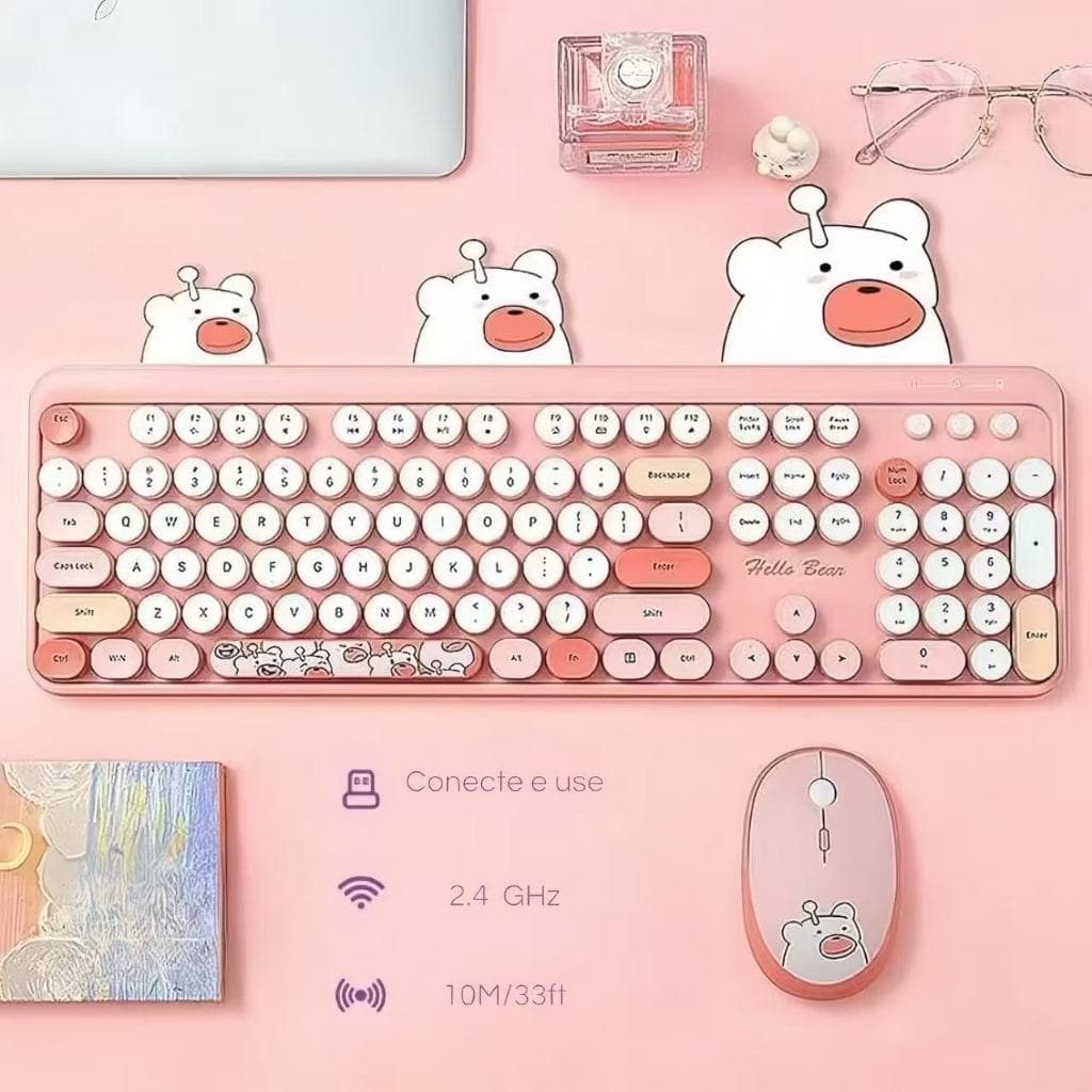 Kit Teclado e Mouse Sem Fio Desenho Hello Bear Geezer 2.4G Wireless Coloridos com Mouse pad