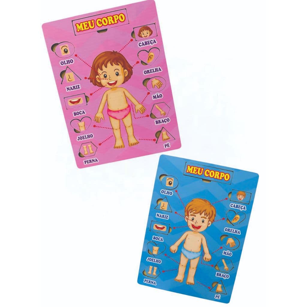 Brinquedo Educativo Tabuleiro Meu Corpo Humano em MDF Meninos e Meninas - Cor azul e Rosa 2 peça