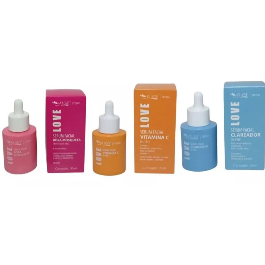 Sérum Facial Max Love Kit C/ 3 Unidades - Vitamina C - Clareador - Rosa mosqueta