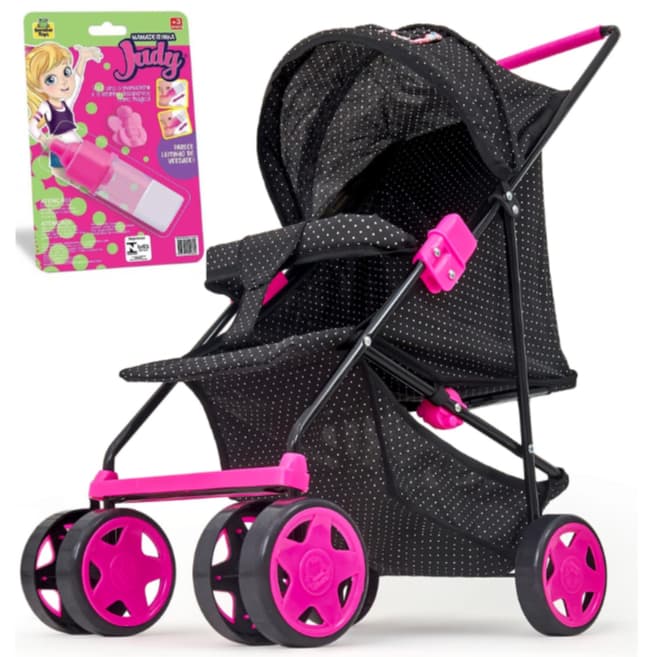 Carrinho de Boneca Bebê Reborn Luxo Preto com Mamadeira - Brinquedo Para Meninas