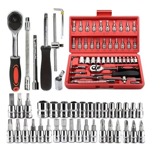 Kit 46 Peças Jogo Combo Kit De Chave De Fenda Philips Soquete Completo Marca Quicko De Aço Crv 1/4 Maleta Cor Vermelho