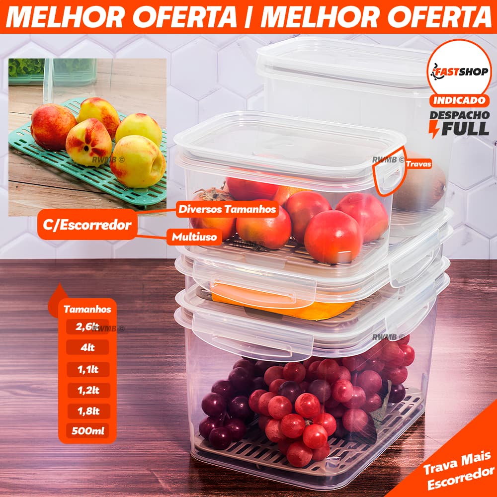 Kit 8 Potes Organizadores de Cozinha Com Escorredor Organizador de Geladeira Alimentos Multiuso Tampa Trava Hermética