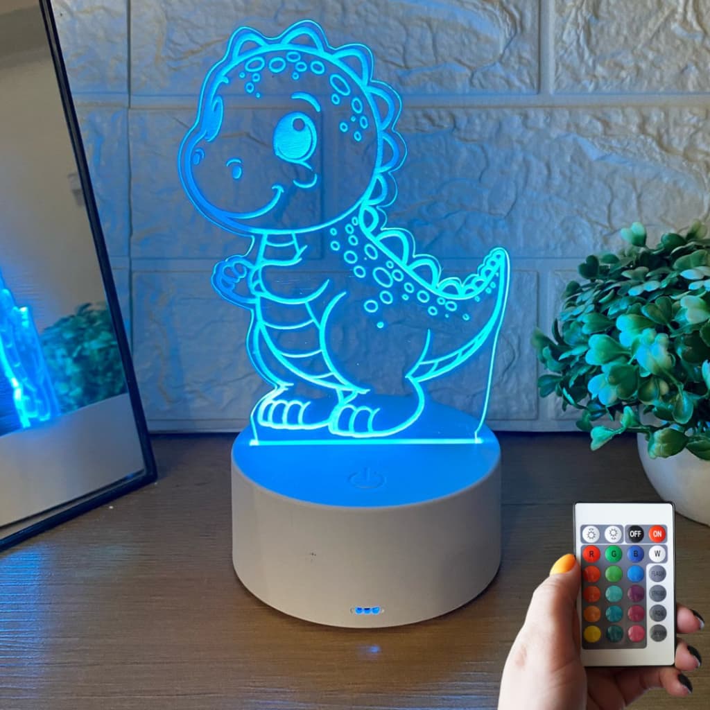 Luminária Dinossauro 3D LED Abajur Criança Decoração Kids Led RGB com Controle