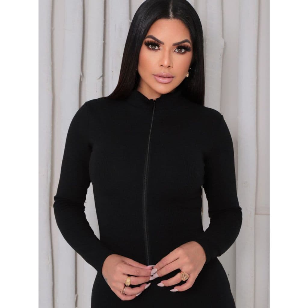 Macacão Feminino Manga Longa Gringa Virginia Premium Ziper Liso Balada Blogueira Fitness Outono