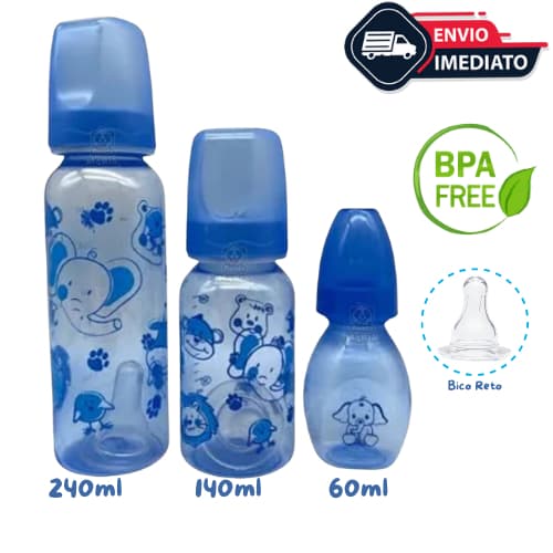 Kit Com 3 Mamadeiras Bico Silicone Reto Azul - 240ml/140ml/60ml Anplas Petita