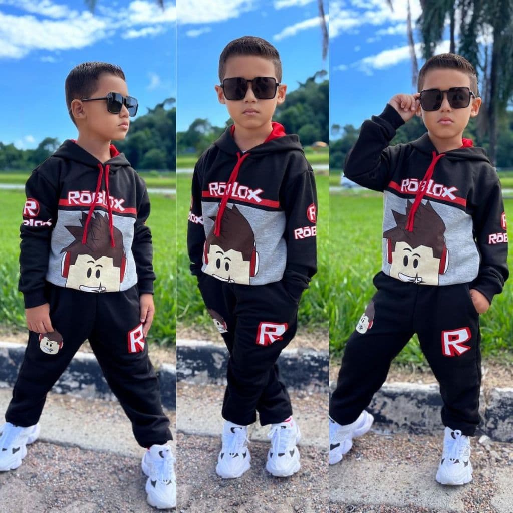 Kit Conjunto Abrigo Blusa Moletom Com Calça Moletom Flanelado de Frio Roblox Conjunto Inverno para Meninos