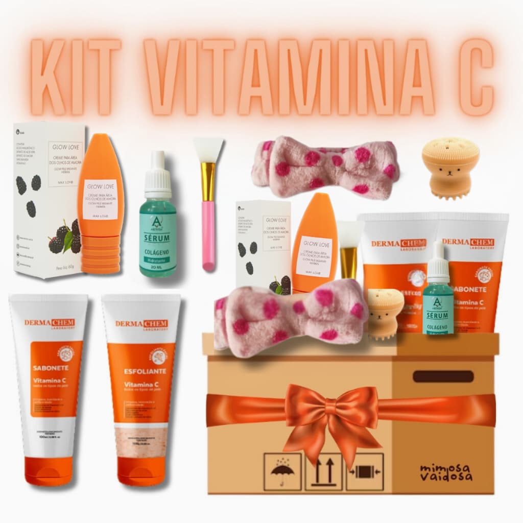 Kit Skincare Vitamina C Sabonete Esfoliante Sérum Máscara Hidratante Facial Esponja Polvinho Faixa de Cabelo Pincel