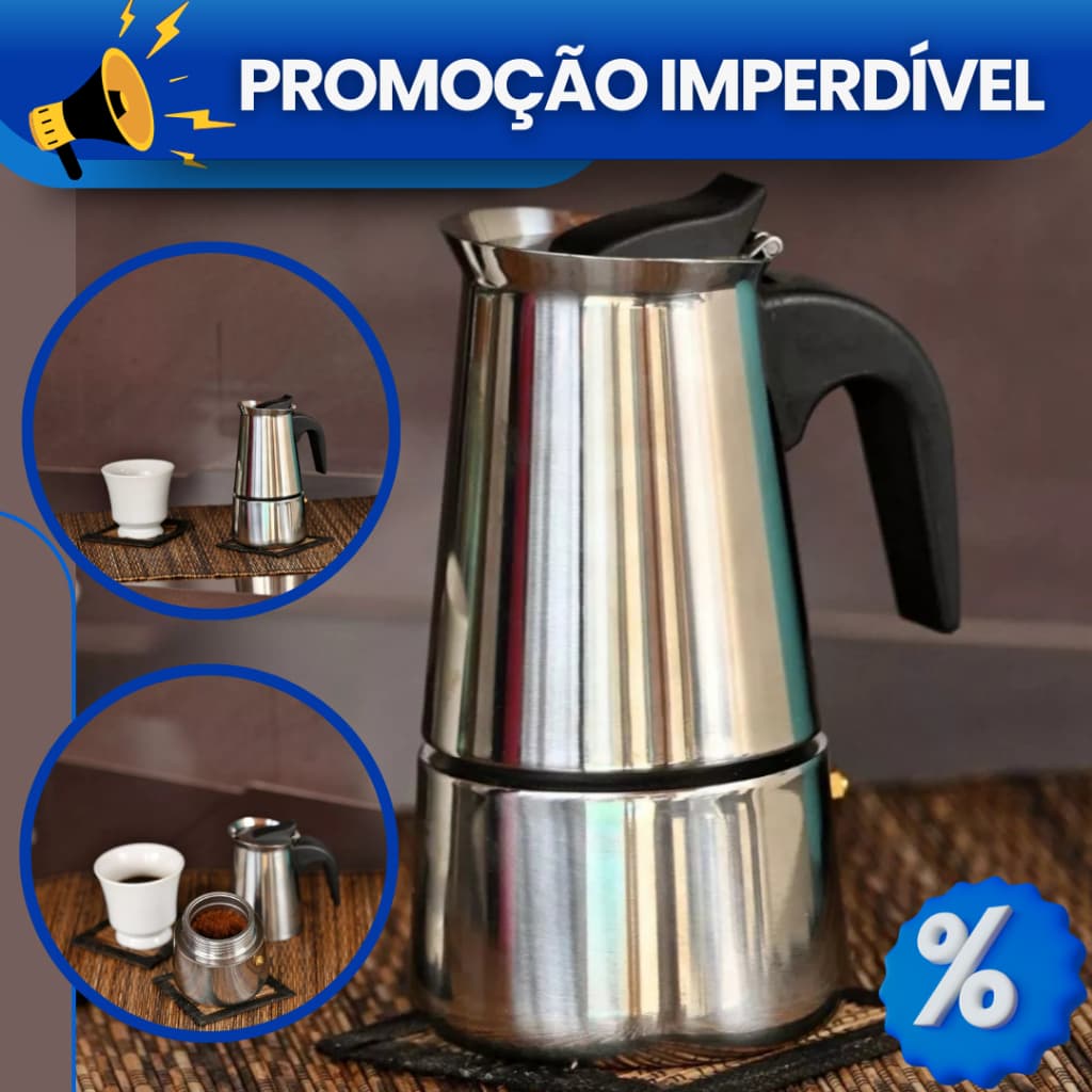 Cafeteira Italiana Em Aço Inox 300ml 6 Xicaras BULE COM FILTRO INTEGRADO PASSA CAFÉ SOZINHA EXPRESSO