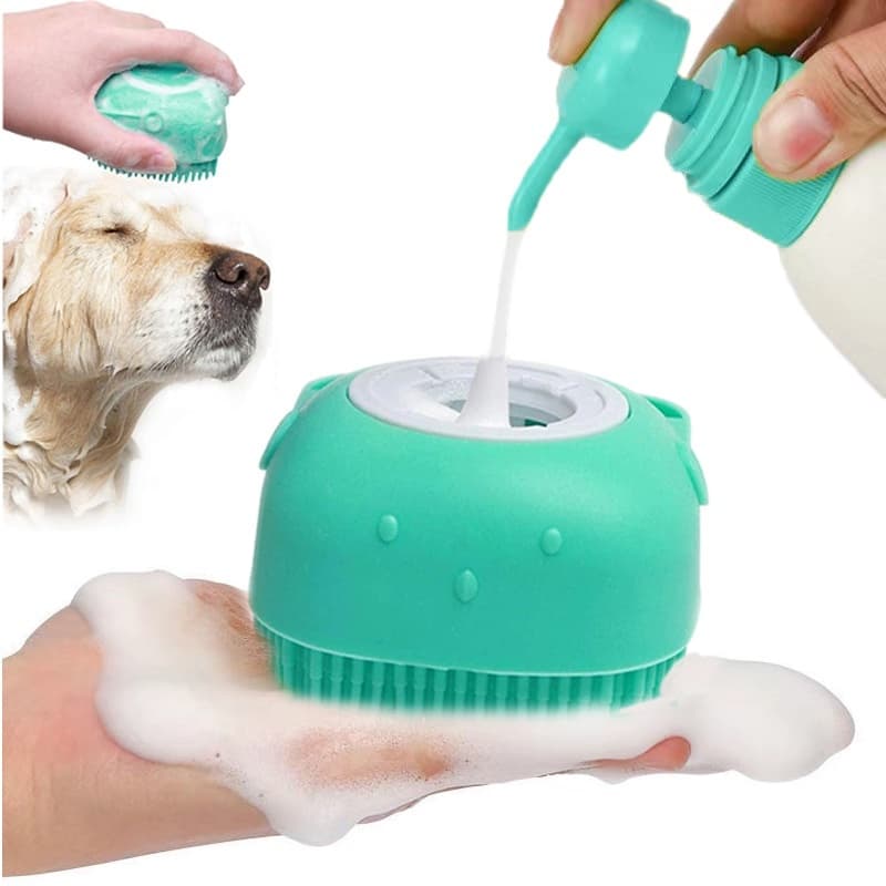 Kit Escova para Banho Massageadora Dispenser Shampoo Prático | Higiene e Cuidados para Cães e Gatos