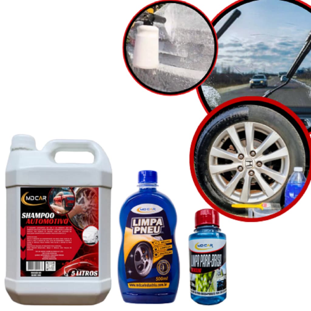 Kit Lavagem Automotivo– Shampoo Para Carro 5L + Pretinho Para Pneu + Limpa Vidro - kit automotivo