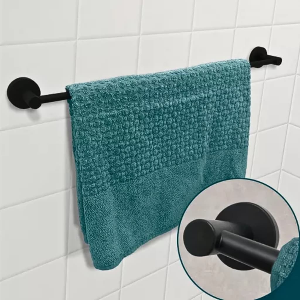 Suporte Porta Toalha de Banho Veneza Reto Aço Inox Preto Fosco Com Fixação Dupla de Parede