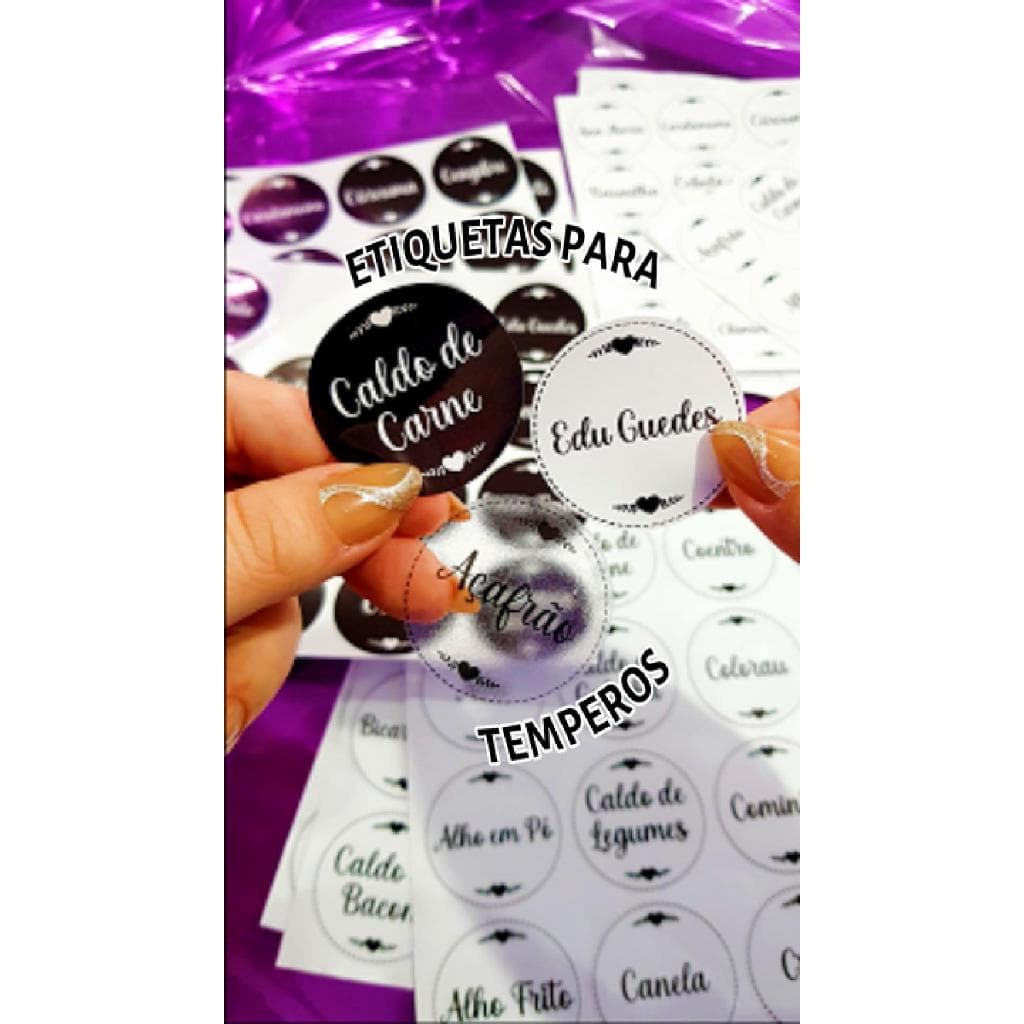 63 Adesivos de Tempero em Vinil Branco, Preto ou Transparente para Porta Temperos e Organizadores