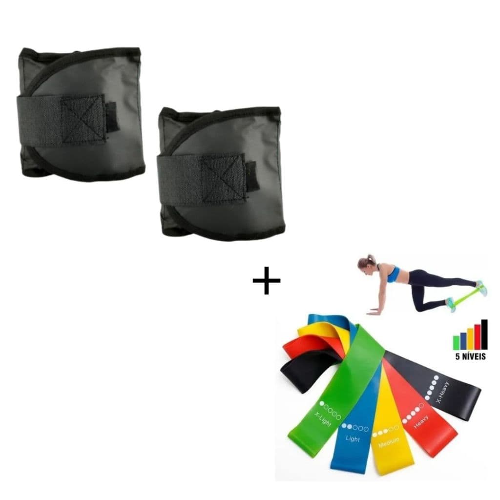 Kit Treino Pernas Completo Par Caneleira 1 Kg + Kit Theraband Faixas Elásticas Para Exercícios Academia Em Casa