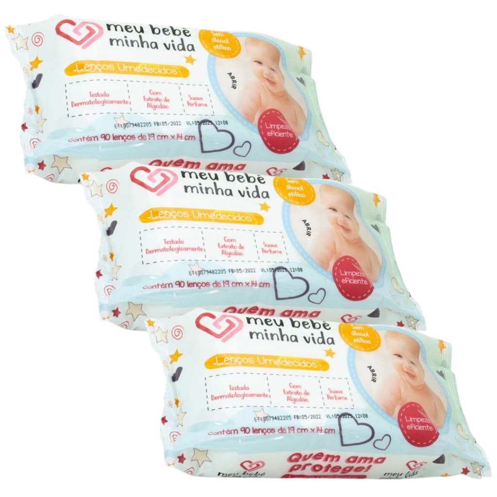Kit 03 Pacotes de Lenços Umedecidos Meu Bebê Minha Vida 90 Unidades - Nutriex