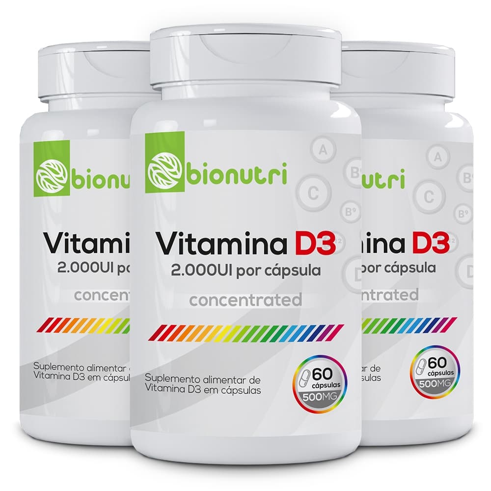 Kit 3x Suplemento Alimentar em cápsulas Vitamina D3 2.000ui 500mg (60 cápsulas) - Bionutri